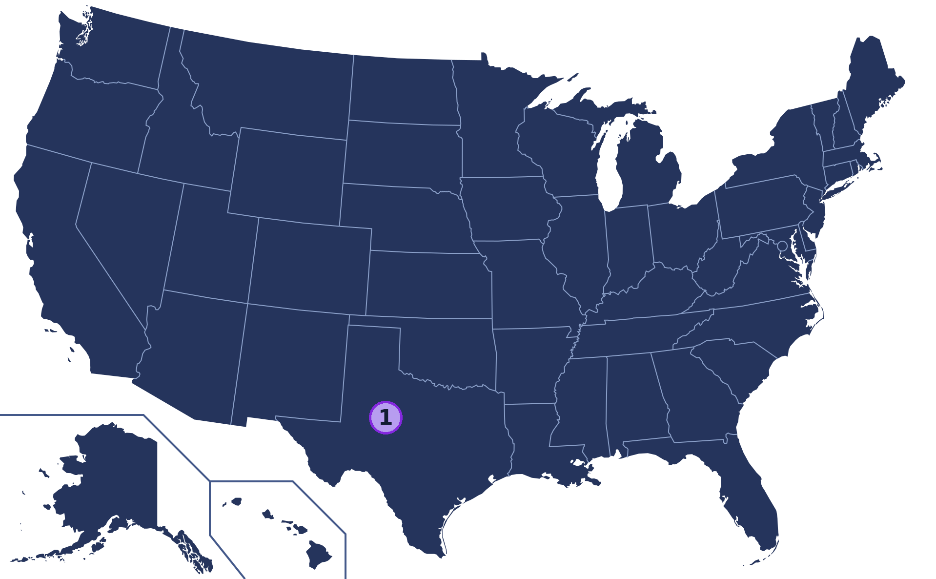 Map of the United States with Texas marked at 1 tracked breach